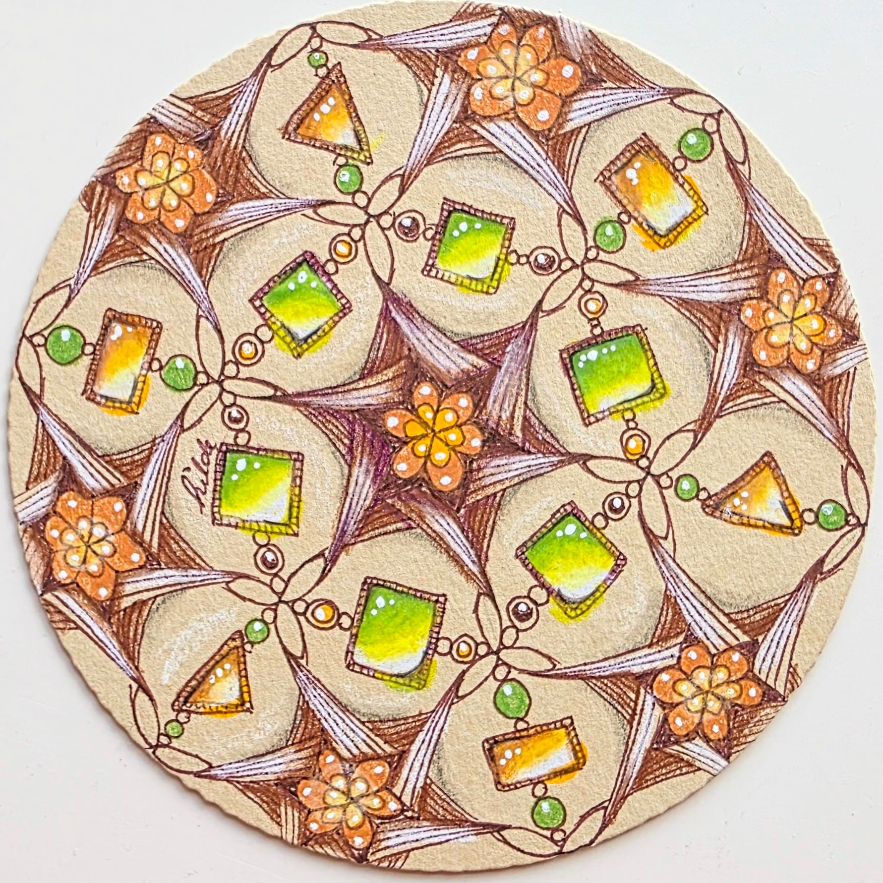 Zentangle online video les — Zendala tile met groene edelstenen en bloemen door Hilde ACT2Tangle