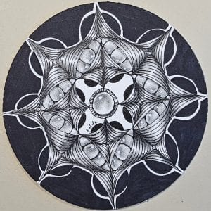 Black and white tile image: Zentangle video class Don't be afraid of the dark with round tile in black and white Coloured tile image: Zentangle video class with round tile coloured with Lindy's Magicals Materials image: Materials for Zentangle video class Don't be afraid of the dark Let me know if you want anything adjusted.